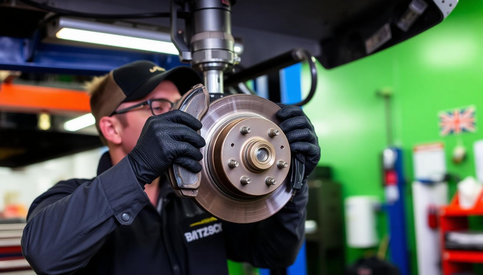 Automotive technician inspecting brake pads and rotor during a brake service in a Fort Collins auto repair shop