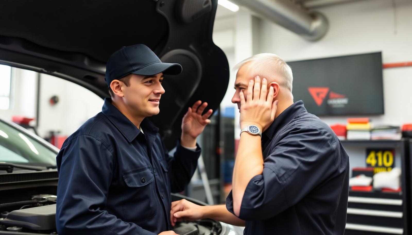 Mechanic diagnosing an unfamiliar vehicle noise with the hood open in a modern Fort Collins auto repair bay