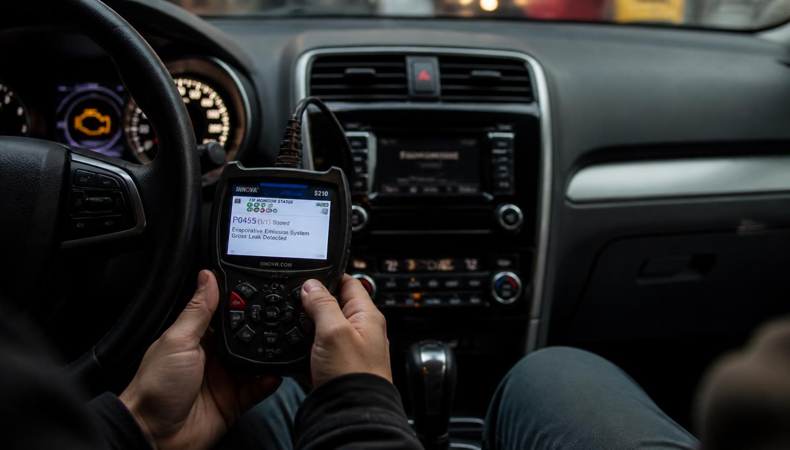 Technician using an OBD-II diagnostic scanner with a check engine light on the dashboard