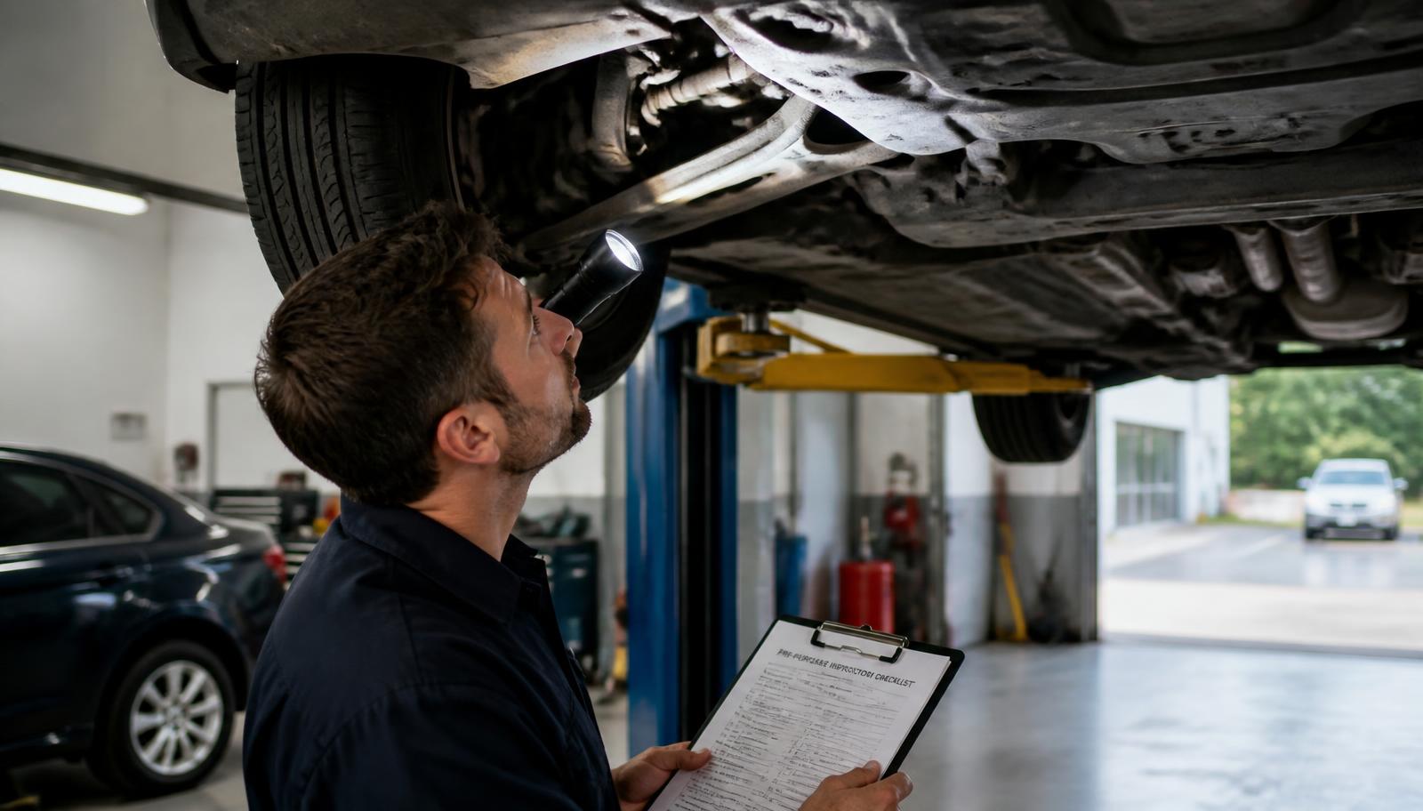 Mechanic inspecting the undercarriage of a used car on a lift during a pre-purchase inspection