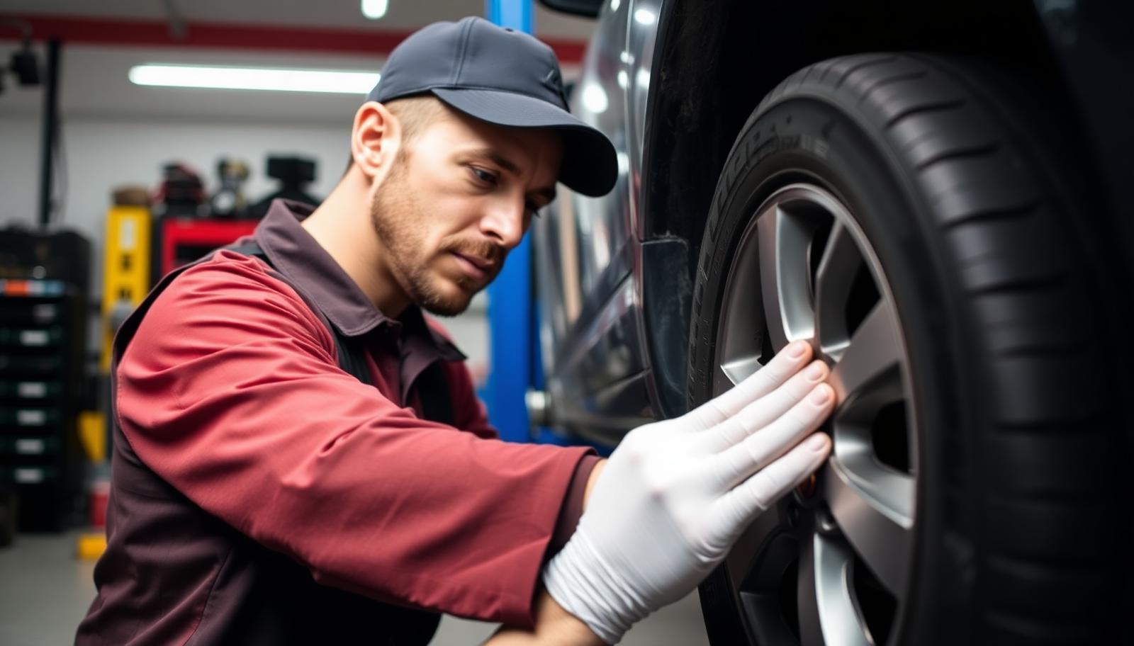 Automotive technician inspecting a car tire with a puncture at a professional Fort Collins auto repair shop