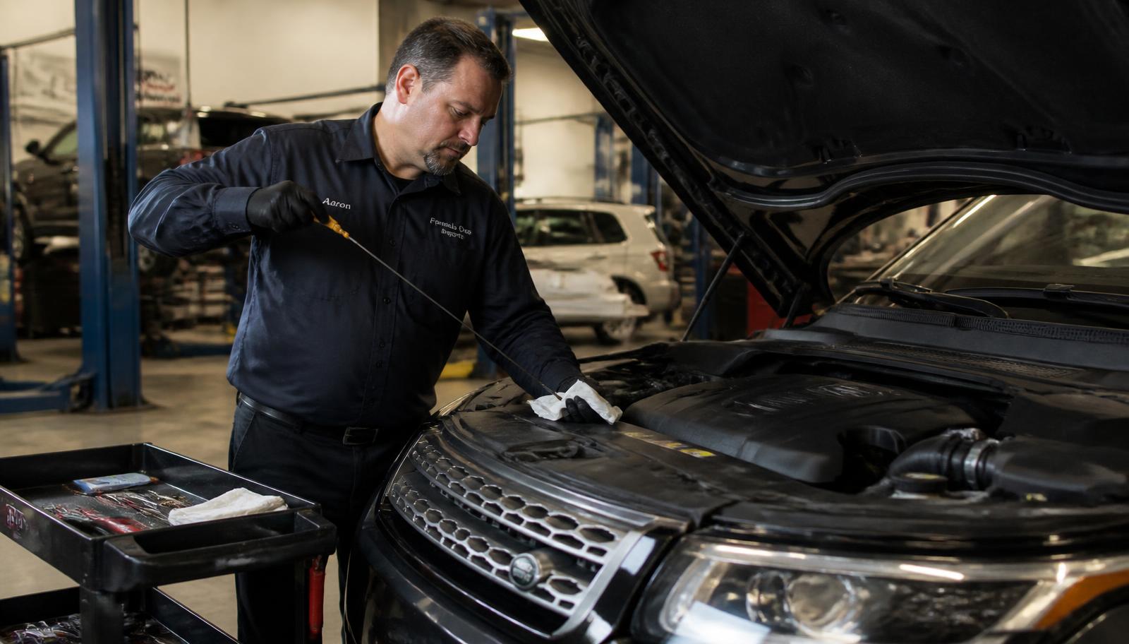 Technician checking engine oil during routine vehicle maintenance in a Fort Collins auto shop