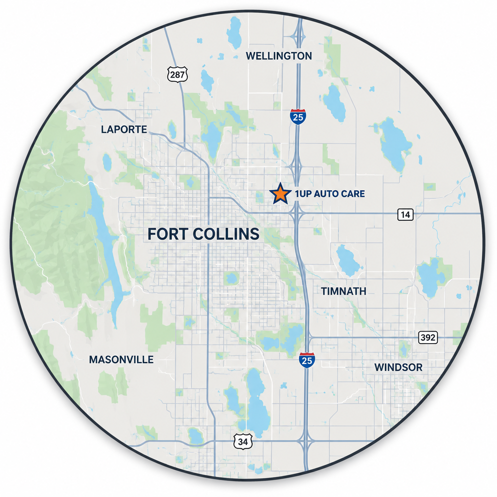 Greater Fort Collins service area map with a star at 1UP Complete Auto Care, 1305 Duff Dr Unit 4